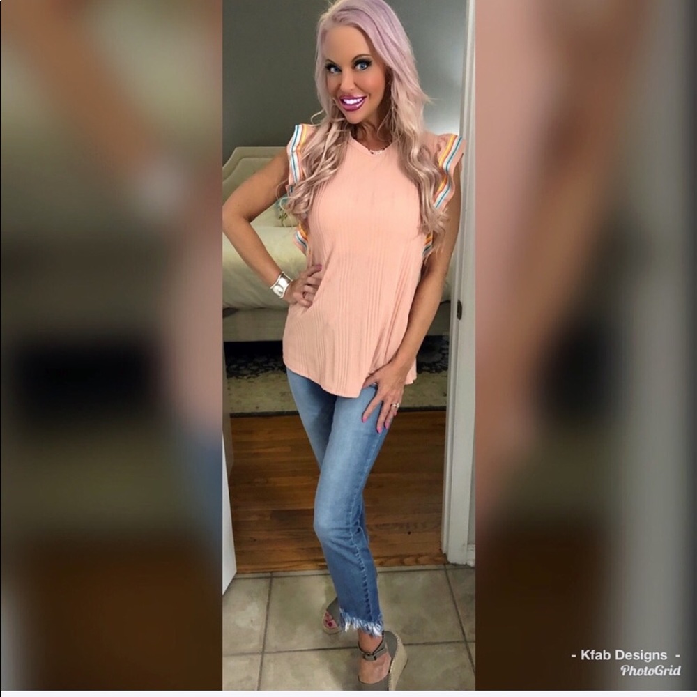 π LAST 1! Blush Ribbed Rainbow π Ruffle Top! - Picture 3 of 7